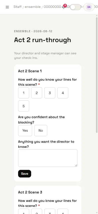 Cast check-in on a phone, scene by scene: line confidence, blocking confidence, and a free-text note to the director