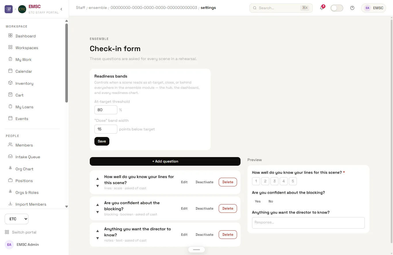 Check-in form builder: readiness thresholds on the left, the questions asked of every cast member, and a live preview of the form they will see